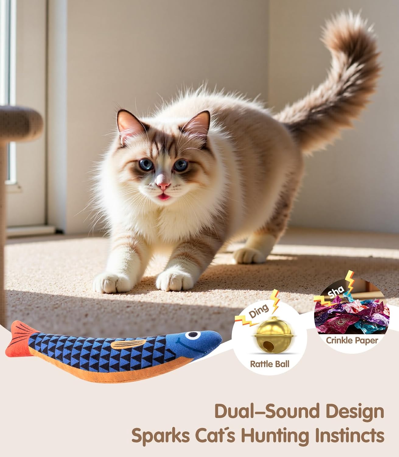 2 pack Interactive Soft Chew Kicker Cat Toys Infused Catnip for Indoor Cats & Kittens, [Crinkle &Bell] Fish Sound Toy, Drives Bored Cat Crazy with Fun!