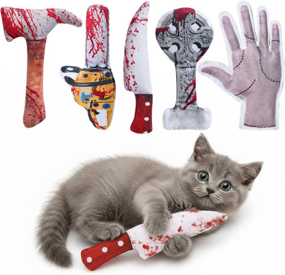 Spooky 5 PC Catnip Cat Toys, [100% Organic Catnip Filled, Cotton-Free] Funny Knife-Shaped Crinkly Sound Toys for Indoor Kitten Cat Nip Kitty Chew Toy