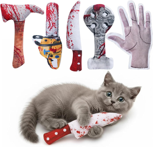 Spooky 5 PC Catnip Cat Toys, [100% Organic Catnip Filled, Cotton-Free] Funny Knife-Shaped Crinkly Sound Toys for Indoor Kitten Cat Nip Kitty Chew Toy