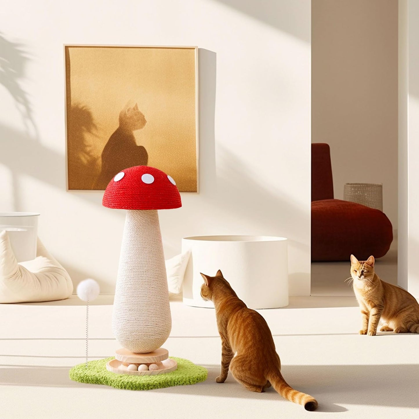 Cute Mushroom Cat Scratching Post Cat Tree, 21.5‘’ H Cute Cat Scratcher Tower with Durable Solid Wood Turntable Toy, Mushroom Scratch Post Cat Sisal Scratcher with Catnip for Indoor Adult Cats