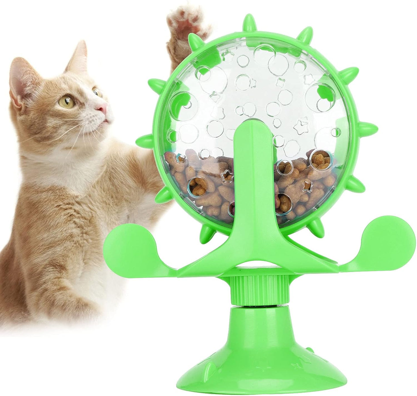 Cat Food Slow Feeder Toy, Windmill Treat Dispensing Cat Puzzle Food Interactive Toy Kitten Slow Feeder Snacks Distribution with Powerful Suction Cup(Green)