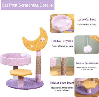 Small Cat Tree, Moon Star Cat Tree Built-In Scratching Post and Bed, 23.5 in Purple Pink Cute Kitten Tower Cozy Fluffy Kitten Condo for Indoor Activity