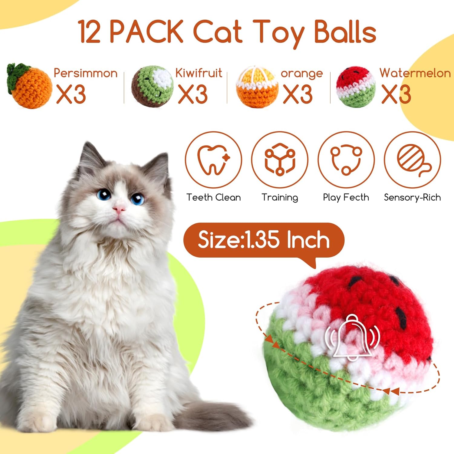 12 Pack Cat Toy Balls, Hand-Knitted Woolen Yarn Cat Balls Toy with Bell Inside, Interactive Kitty Toys for Indoor Kitten Teething, Chasing & Self Play(Fruit-Shaped)