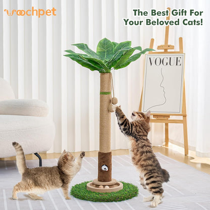 Palm Tree Cat Scratching Post 35'' Tall Cat Scratcher Tree Tower with Cat Toy Mouse Hole and Interactive Wooden Ball for Kittens Adults Cats