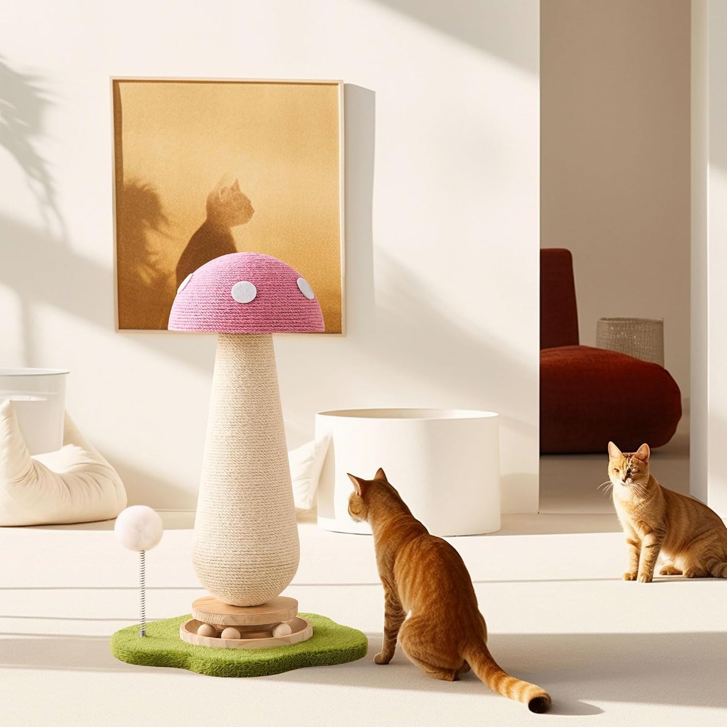 Pink Mushroom Cat Scratching Post Cat Tree, 21.5‘’ H Cute Cat Scratcher Tower with Durable Solid Wood Turntable Toy, Baby Pink Mushroom Scratch Post Cat Sisal Scratcher with Catnip for Indoor Adult Cats