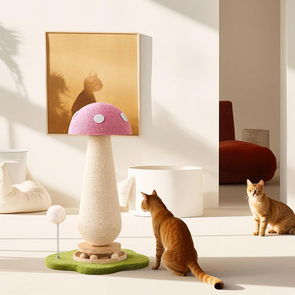 Pink Mushroom Cat Scratching Post Cat Tree, 21.5‘’ H Cute Cat Scratcher Tower with Durable Solid Wood Turntable Toy, Baby Pink Mushroom Scratch Post Cat Sisal Scratcher with Catnip for Indoor Adult Cats