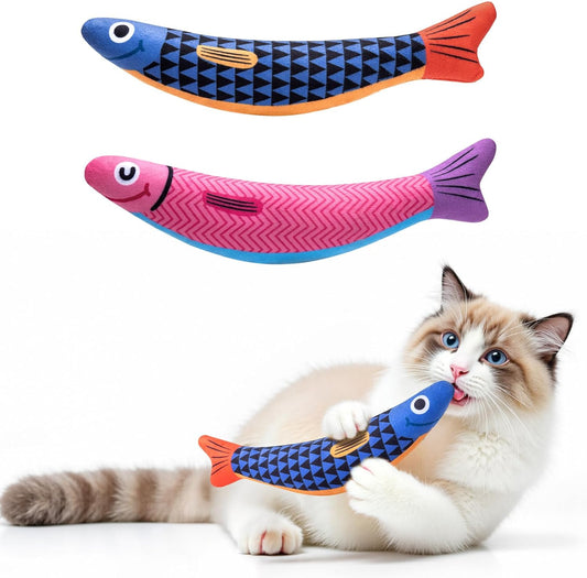 2 pack Interactive Soft Chew Kicker Cat Toys Infused Catnip for Indoor Cats & Kittens, [Crinkle &Bell] Fish Sound Toy, Drives Bored Cat Crazy with Fun!
