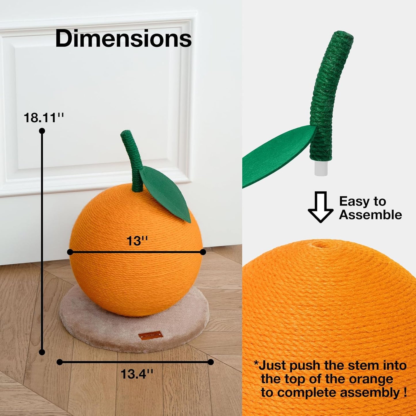 Orange Cat Scratching Post, Cute Cat Scratcher with Sisal Rope, Vertical Cat Scratch Post for Indoor Cat and Kitten, Cat Scratching Ball