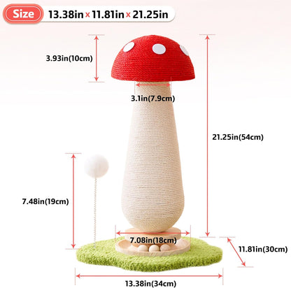 Cute Mushroom Cat Scratching Post Cat Tree, 21.5‘’ H Cute Cat Scratcher Tower with Durable Solid Wood Turntable Toy, Mushroom Scratch Post Cat Sisal Scratcher with Catnip for Indoor Adult Cats