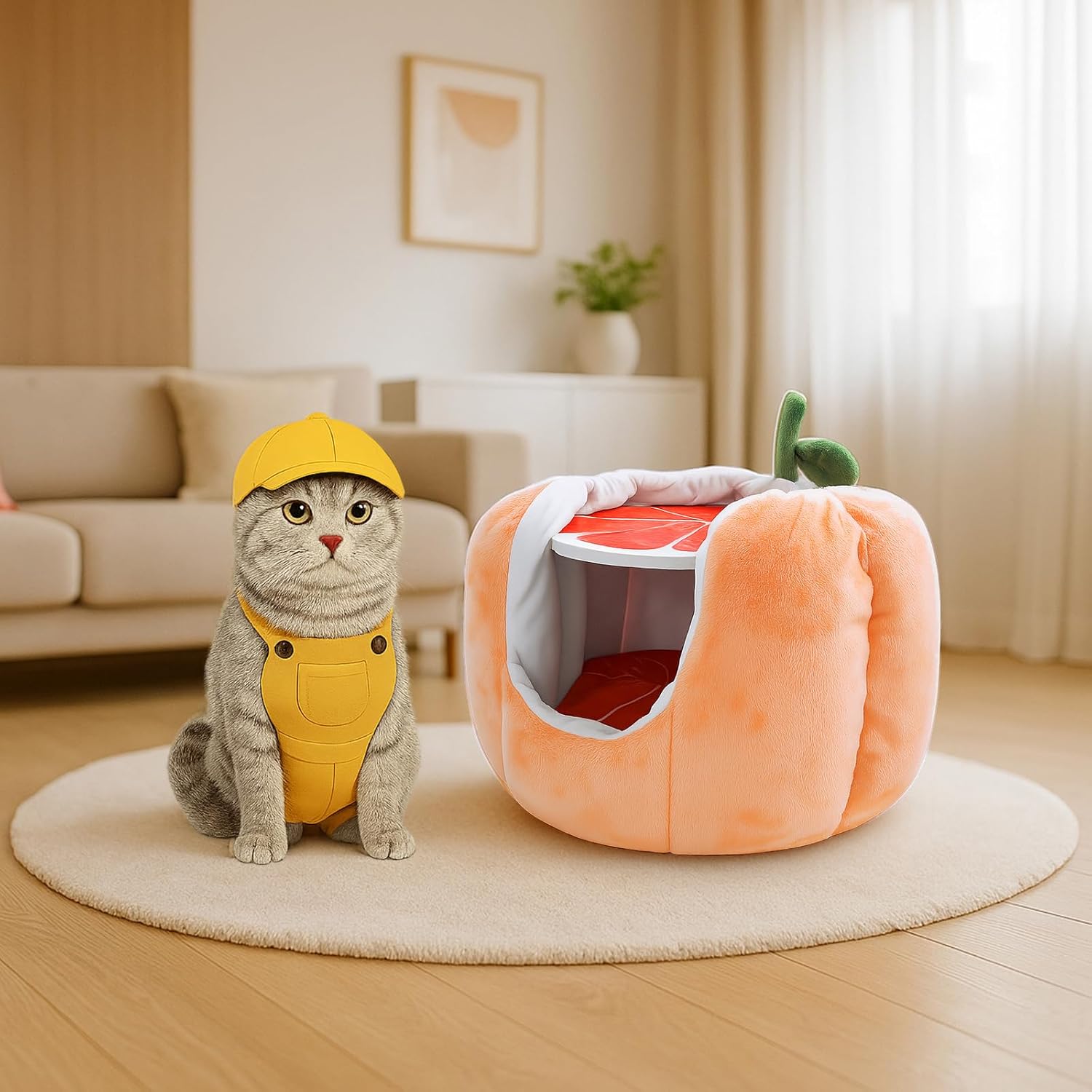 Cute Grapefruit Cat Houses for Indoor Cats, Small Cat Tree with Sisal Ropes and Plush Perch, Cute Cat Bed Cave with Soft Pillow, Grapefruit Design