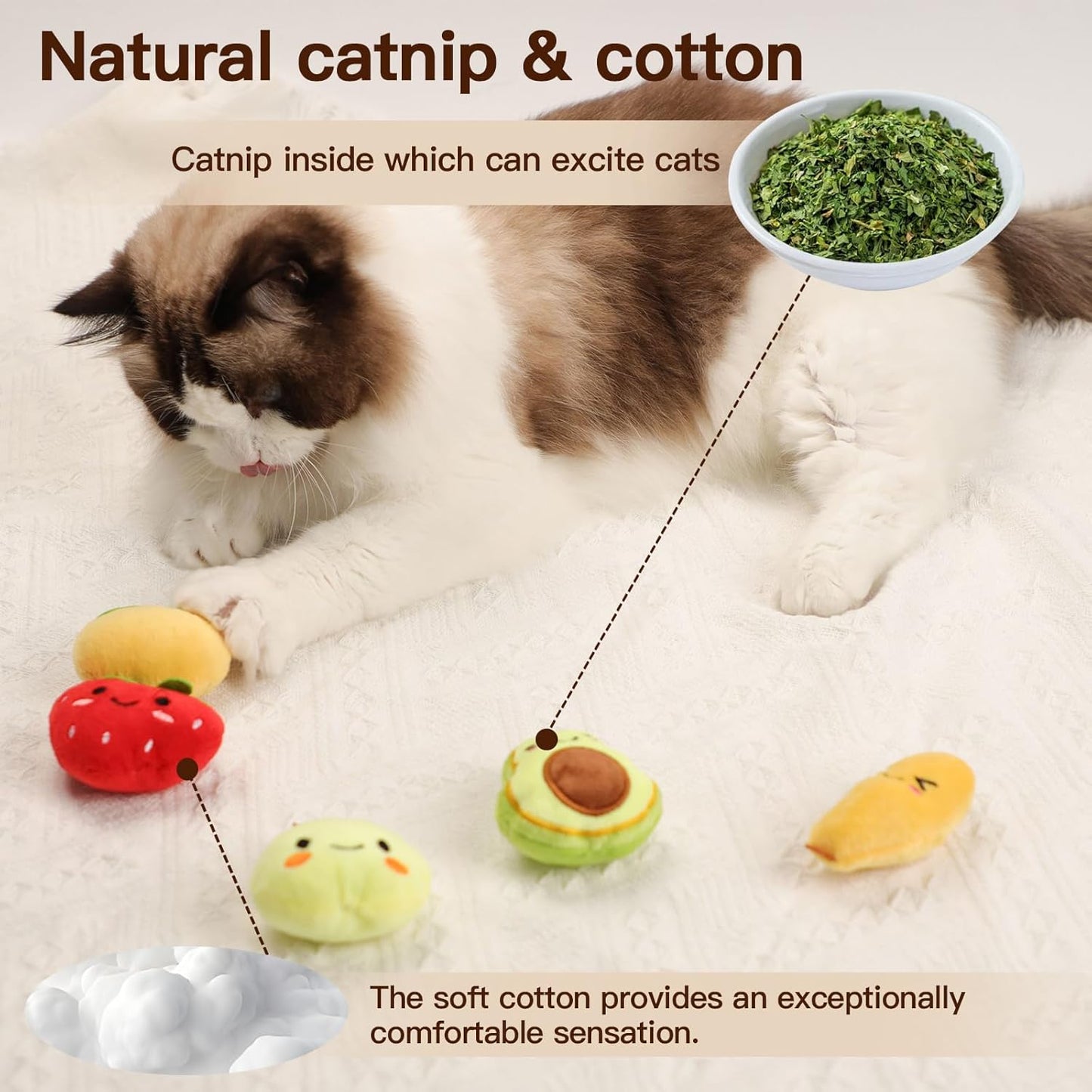 Catnip,5-Pack Fruity Friends Plush Toy Set for Cat Nip, Soft Cotton Filling, Interactive Indoor Play