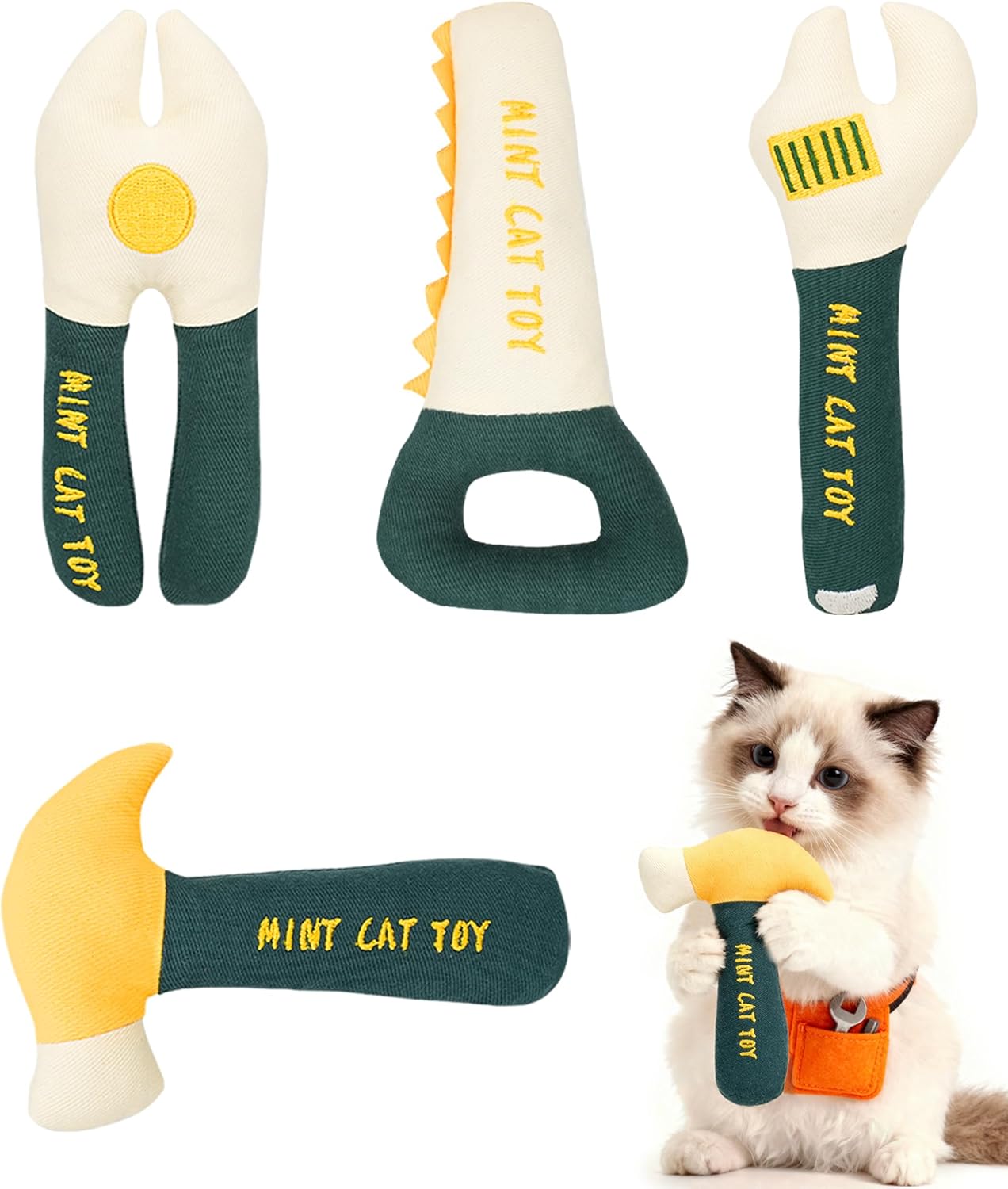 4Pcs Tool-Shaped Catnip Toys, Organic Catnip & Crinkle Sound, Soft and Durable, Interactive Chew & Kicker Cat Toys, Exercise and Teething Relief for Indoor Cats & Kittens