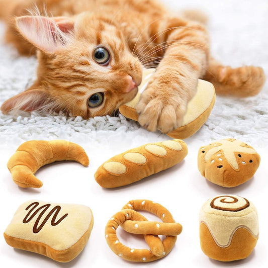 6 Pack Bread Catnip Toys, Cat Toy for Indoor Interactive Toys, Kitten Chew Bite Kick Toy Baguette Croissant Pretzel Toast Bun Cinnamon Roll Plush Catmint Pet Birthday Presents 6 Pack