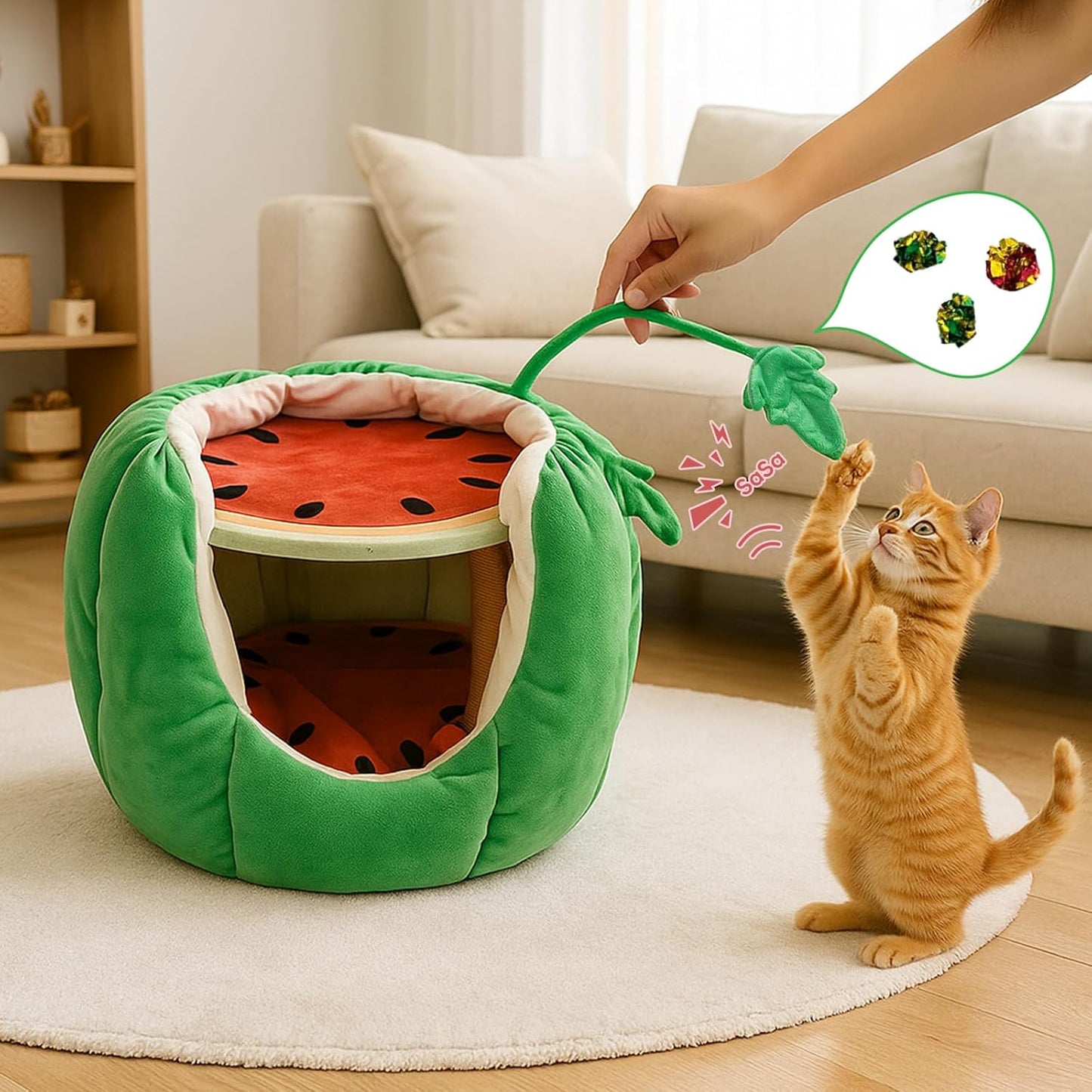 Adorable Watermelon Cat House , Small Cat Tree with Sisal Ropes and Plush Perch, Cute Cat Bed Cave with Soft Pillow, Watermelon Design