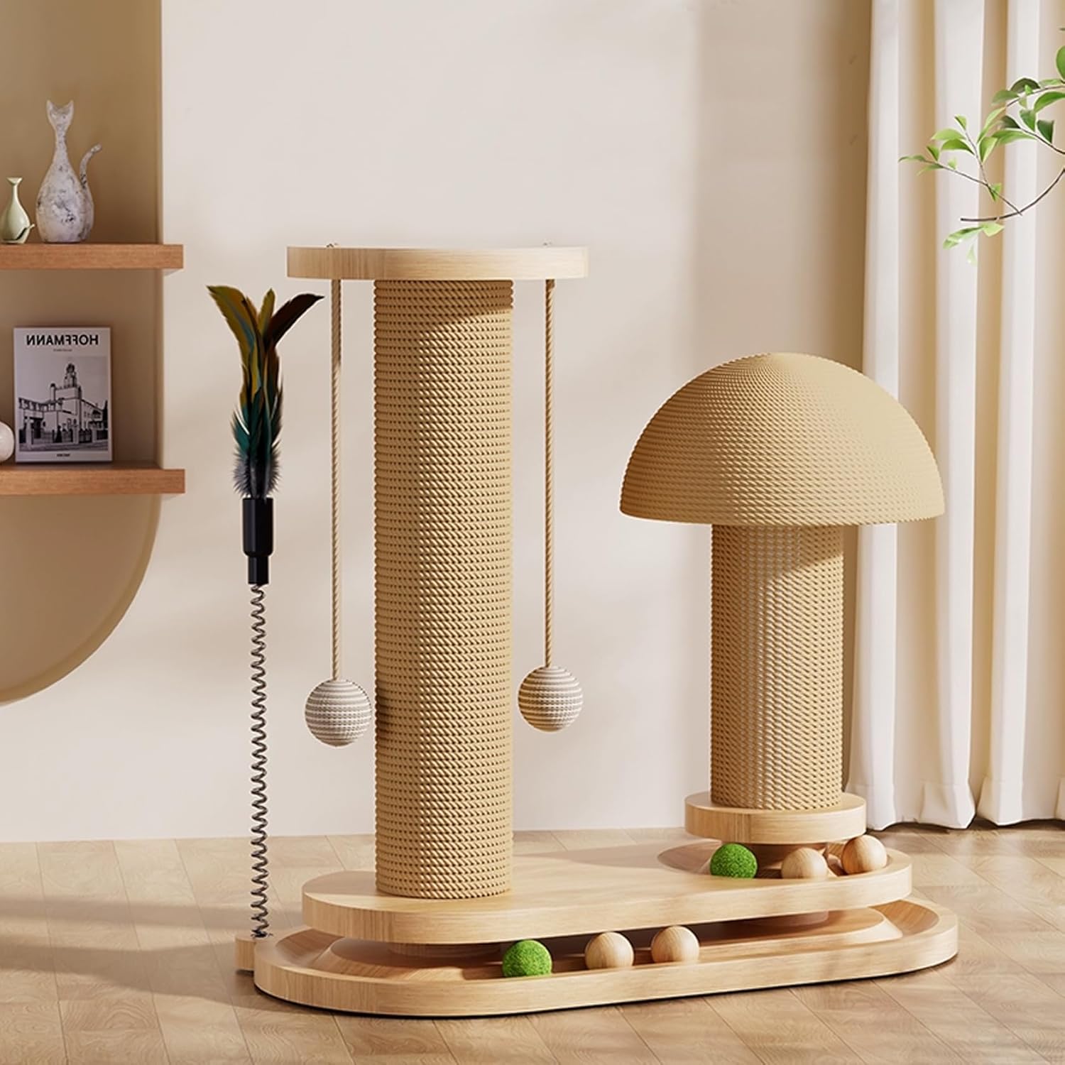  Modern Mushroom Cat Scratcher, Cat Scratching Post for Indoor Cats Adults, Sisal Tall Cats Scratch Post with Hanging Ball and Interactive Wooden Ball