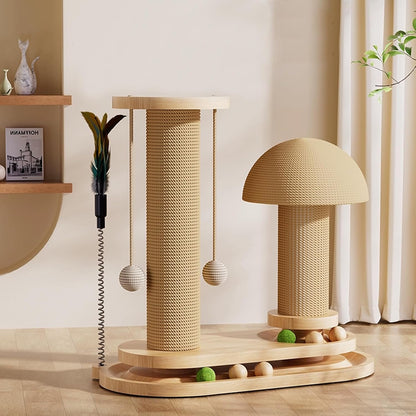  Modern Mushroom Cat Scratcher, Cat Scratching Post for Indoor Cats Adults, Sisal Tall Cats Scratch Post with Hanging Ball and Interactive Wooden Ball