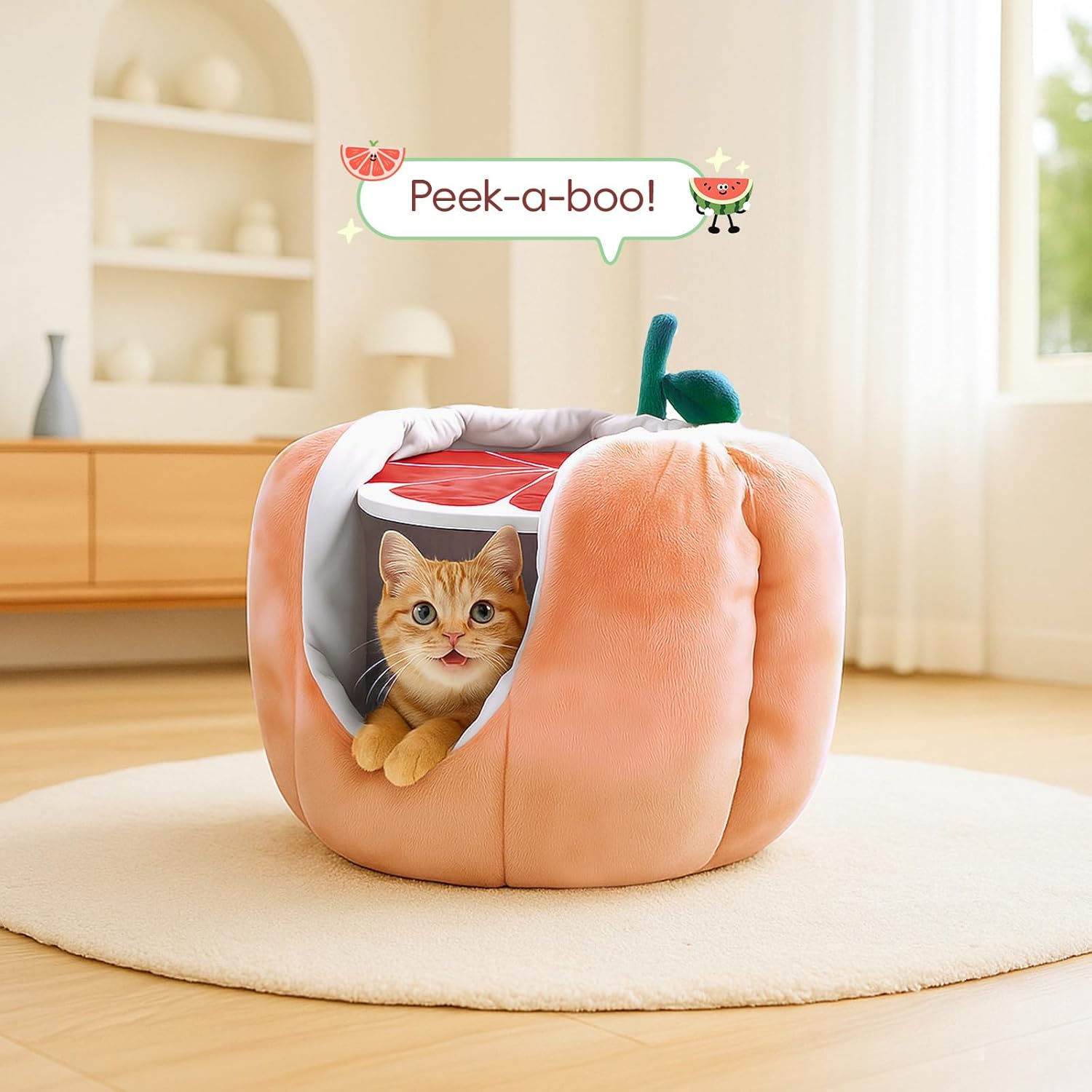Cute Grapefruit Cat Houses for Indoor Cats, Small Cat Tree with Sisal Ropes and Plush Perch, Cute Cat Bed Cave with Soft Pillow, Grapefruit Design