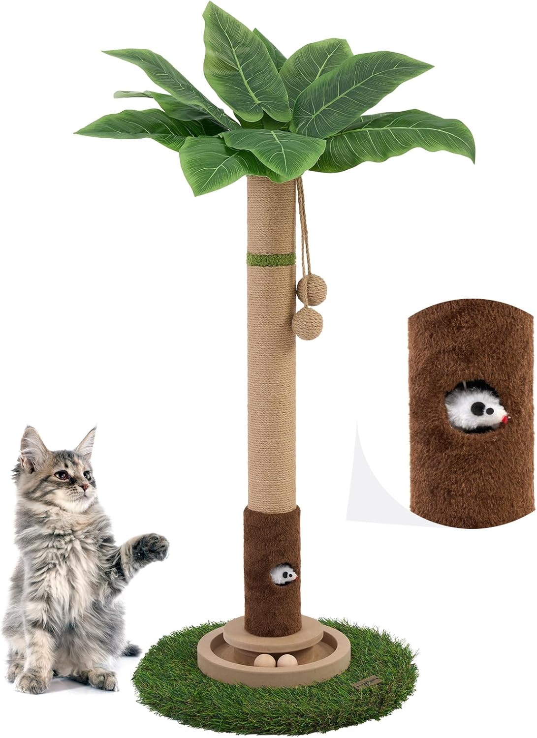 Palm Tree Cat Scratching Post 35'' Tall Cat Scratcher Tree Tower with Cat Toy Mouse Hole and Interactive Wooden Ball for Kittens Adults Cats