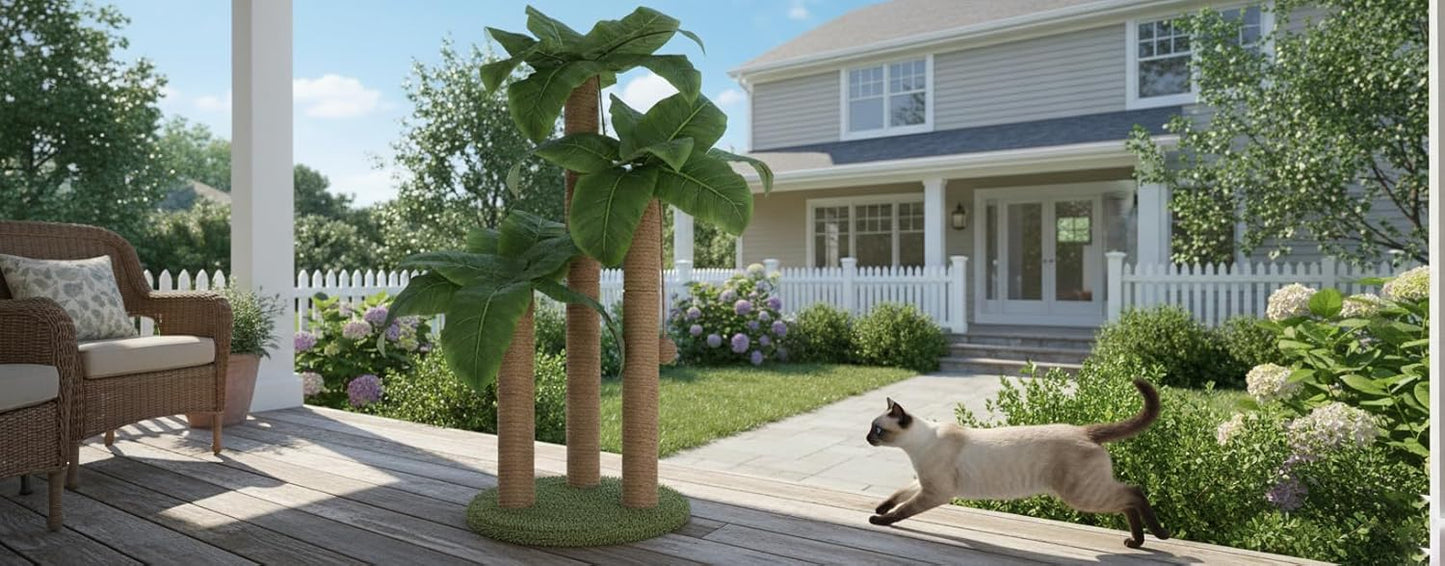 31.5 Inch Palm Tree Cat Scratching Post, Cat Scratcher Tree with 3 Scratching Poles & 2 Interactive Dangling Balls, Cats Scratching Posts for Indoor Kitten & Adult Cats