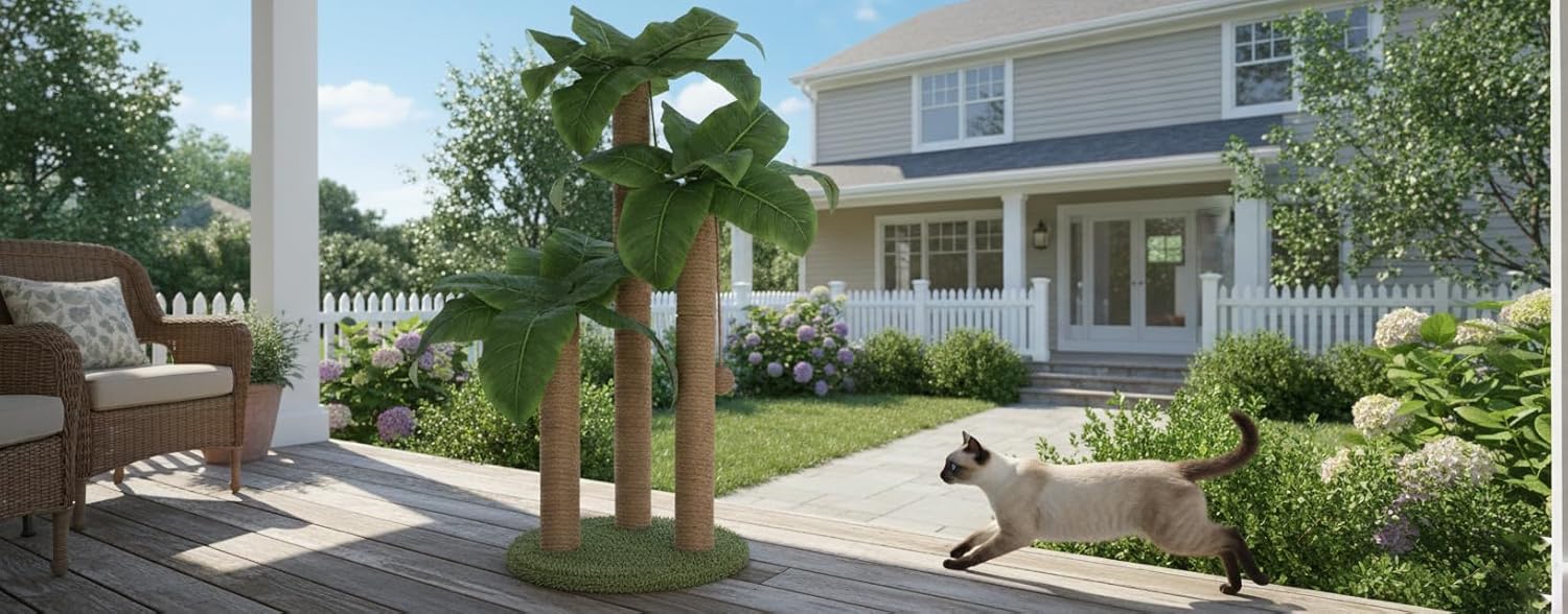 31.5 Inch Palm Tree Cat Scratching Post, Cat Scratcher Tree with 3 Scratching Poles & 2 Interactive Dangling Balls, Cats Scratching Posts for Indoor Kitten & Adult Cats