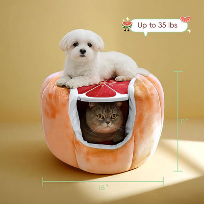 Cute Grapefruit Cat Houses for Indoor Cats, Small Cat Tree with Sisal Ropes and Plush Perch, Cute Cat Bed Cave with Soft Pillow, Grapefruit Design