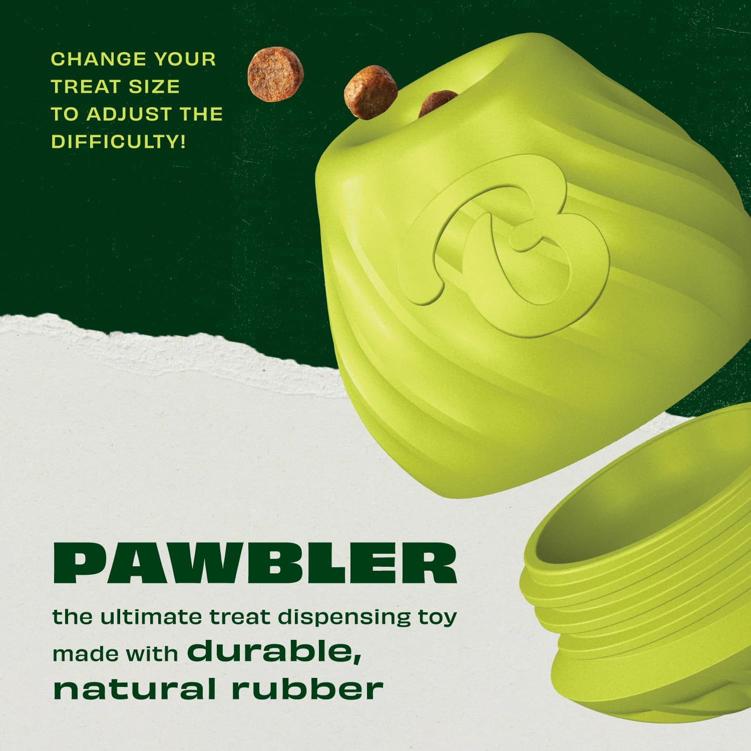 Pawbler - Natural Rubber Interactive Enrichment Treat and Kibble Dispensing Dog Toy – Great for Boredom - Medium/Large
