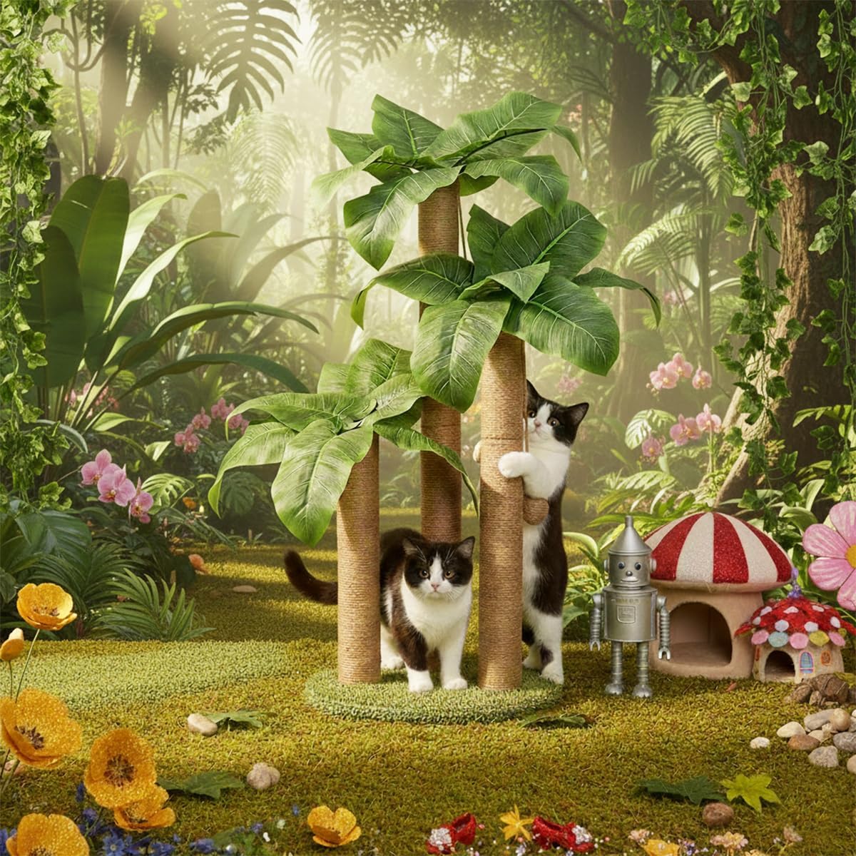 31.5 Inch Palm Tree Cat Scratching Post, Cat Scratcher Tree with 3 Scratching Poles & 2 Interactive Dangling Balls, Cats Scratching Posts for Indoor Kitten & Adult Cats