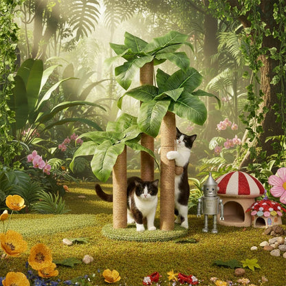 31.5 Inch Palm Tree Cat Scratching Post, Cat Scratcher Tree with 3 Scratching Poles & 2 Interactive Dangling Balls, Cats Scratching Posts for Indoor Kitten & Adult Cats