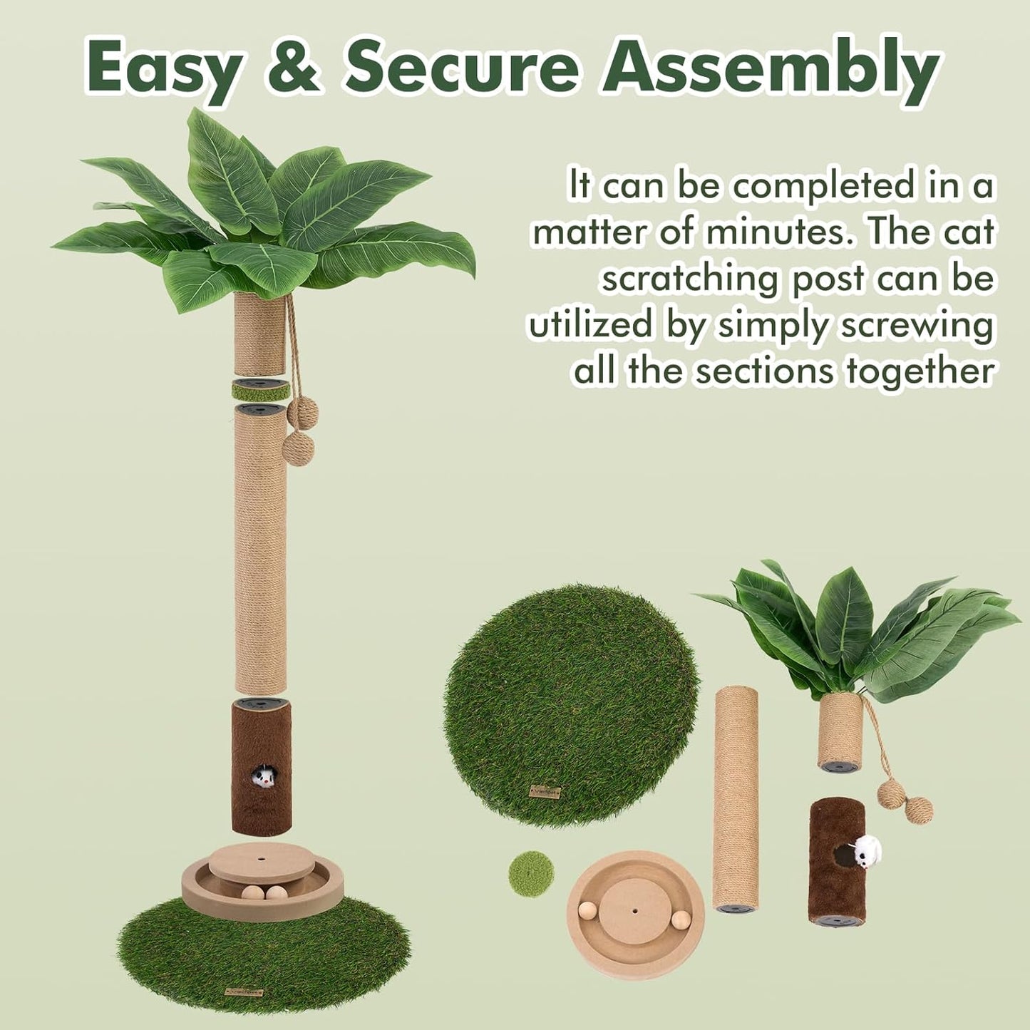 Palm Tree Cat Scratching Post 35'' Tall Cat Scratcher Tree Tower with Cat Toy Mouse Hole and Interactive Wooden Ball for Kittens Adults Cats