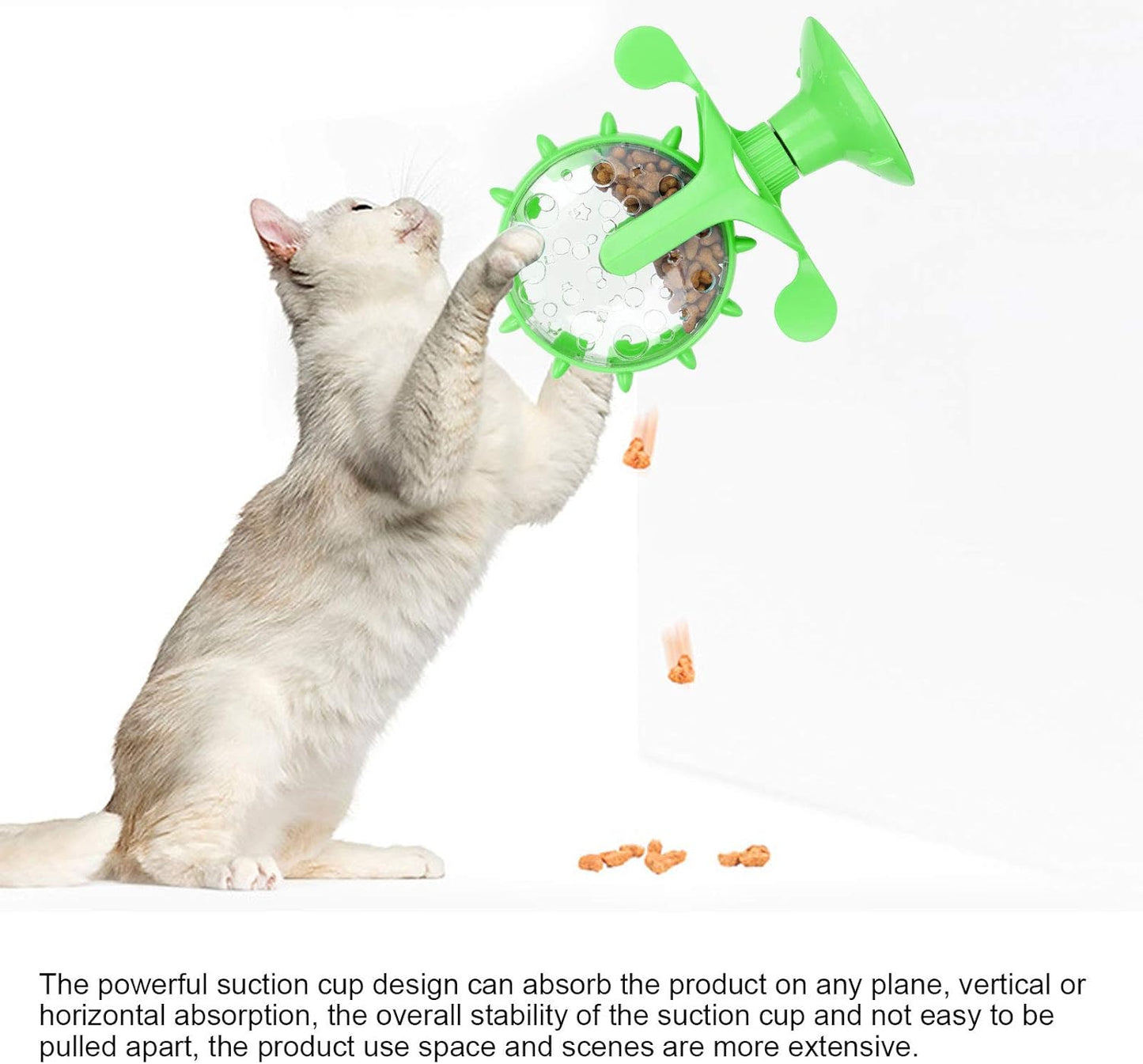 Cat Food Slow Feeder Toy, Windmill Treat Dispensing Cat Puzzle Food Interactive Toy Kitten Slow Feeder Snacks Distribution with Powerful Suction Cup(Green)