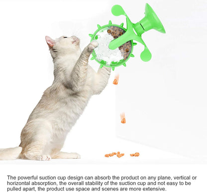Cat Food Slow Feeder Toy, Windmill Treat Dispensing Cat Puzzle Food Interactive Toy Kitten Slow Feeder Snacks Distribution with Powerful Suction Cup(Green)