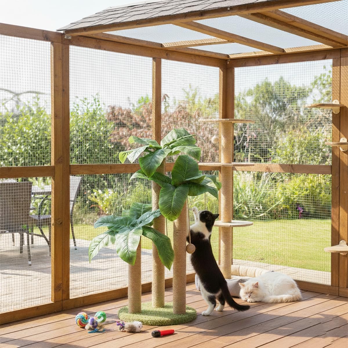 31.5 Inch Palm Tree Cat Scratching Post, Cat Scratcher Tree with 3 Scratching Poles & 2 Interactive Dangling Balls, Cats Scratching Posts for Indoor Kitten & Adult Cats