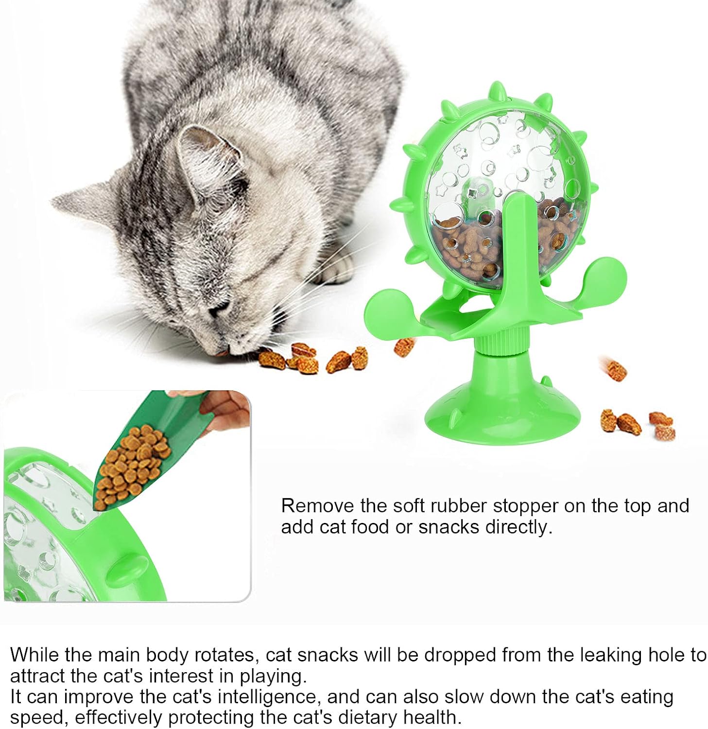 Cat Food Slow Feeder Toy, Windmill Treat Dispensing Cat Puzzle Food Interactive Toy Kitten Slow Feeder Snacks Distribution with Powerful Suction Cup(Green)