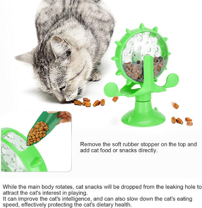 Cat Food Slow Feeder Toy, Windmill Treat Dispensing Cat Puzzle Food Interactive Toy Kitten Slow Feeder Snacks Distribution with Powerful Suction Cup(Green)
