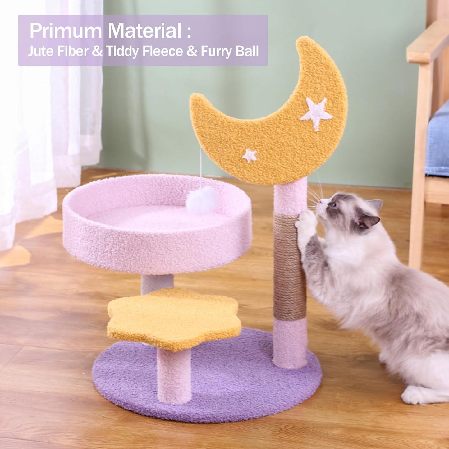 Small Cat Tree, Moon Star Cat Tree Built-In Scratching Post and Bed, 23.5 in Purple Pink Cute Kitten Tower Cozy Fluffy Kitten Condo for Indoor Activity