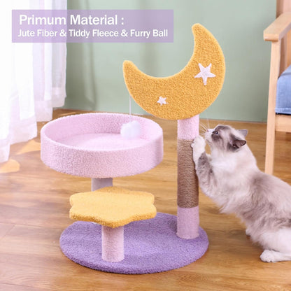 Small Cat Tree, Moon Star Cat Tree Built-In Scratching Post and Bed, 23.5 in Purple Pink Cute Kitten Tower Cozy Fluffy Kitten Condo for Indoor Activity