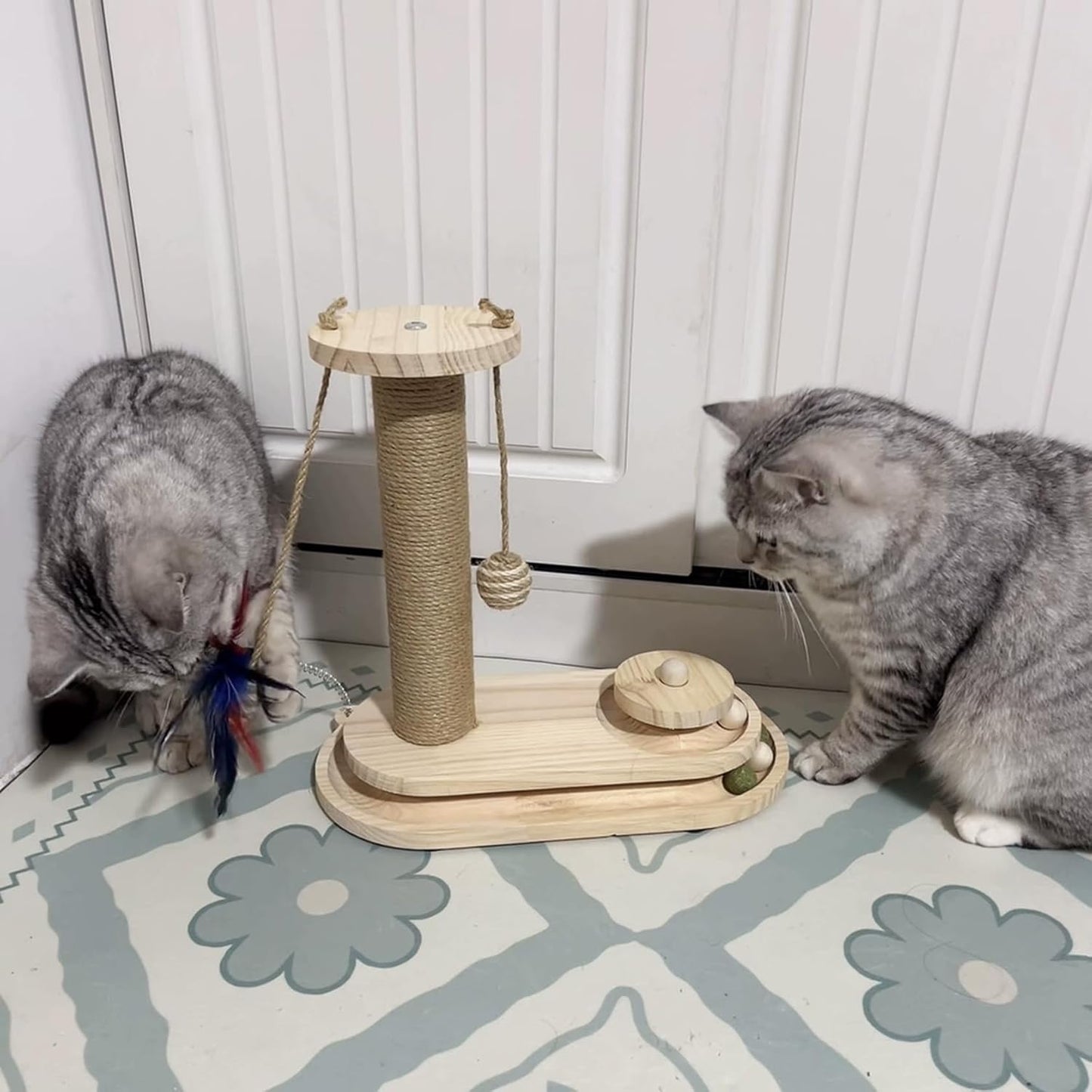  Modern Mushroom Cat Scratcher, Cat Scratching Post for Indoor Cats Adults, Sisal Tall Cats Scratch Post with Hanging Ball and Interactive Wooden Ball