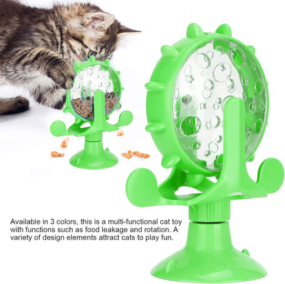 Cat Food Slow Feeder Toy, Windmill Treat Dispensing Cat Puzzle Food Interactive Toy Kitten Slow Feeder Snacks Distribution with Powerful Suction Cup(Green)