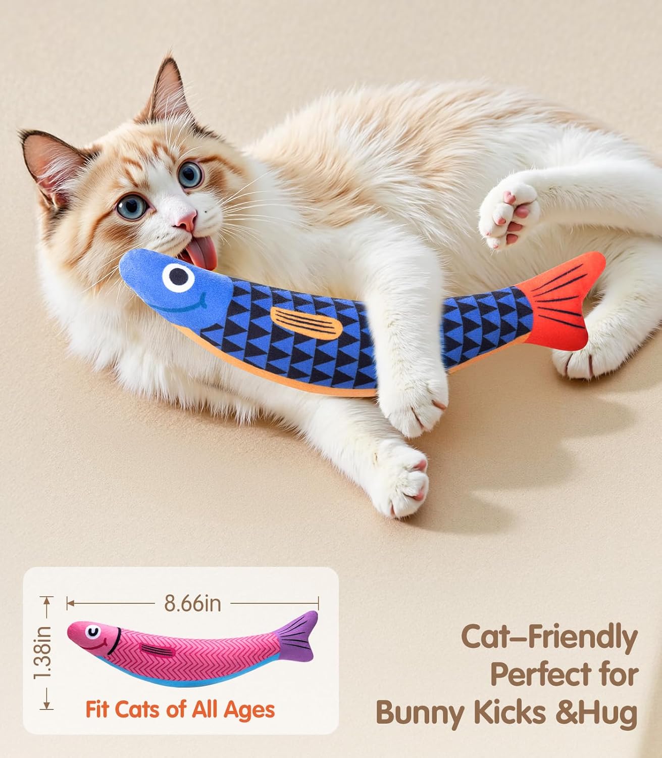 2 pack Interactive Soft Chew Kicker Cat Toys Infused Catnip for Indoor Cats & Kittens, [Crinkle &Bell] Fish Sound Toy, Drives Bored Cat Crazy with Fun!