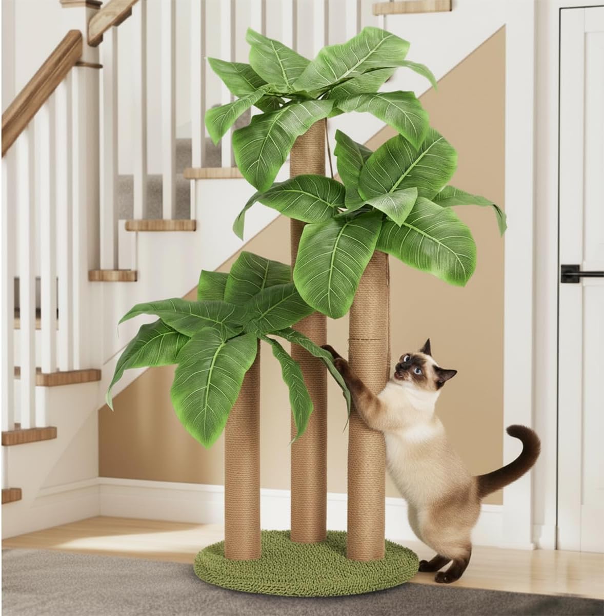 31.5 Inch Palm Tree Cat Scratching Post, Cat Scratcher Tree with 3 Scratching Poles & 2 Interactive Dangling Balls, Cats Scratching Posts for Indoor Kitten & Adult Cats
