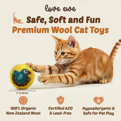 Organic Wool Felt Balls - 3 Pack Love Ewe Pet Supplies – 2In Colorful & Durable Cat Toys Handmade from New Zealand, Ideal for Indoor Play and Mental Stimulation – Fish & Bird Design
