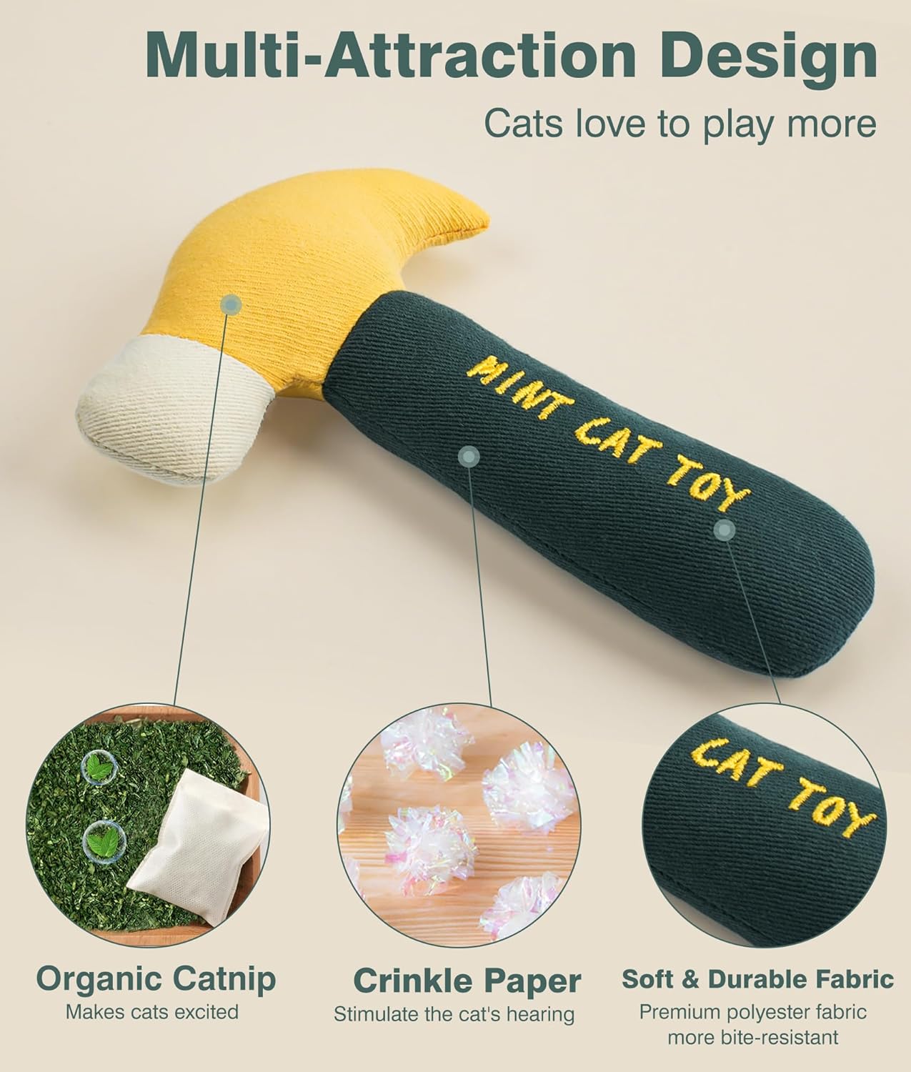 4Pcs Tool-Shaped Catnip Toys, Organic Catnip & Crinkle Sound, Soft and Durable, Interactive Chew & Kicker Cat Toys, Exercise and Teething Relief for Indoor Cats & Kittens