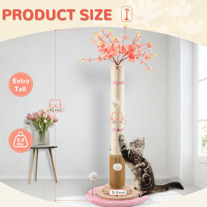 45'' Tall Cat Scratching Post,3.5Inch Diameter Sisal Rope Scratching Post for Indoor Cats Adults Kittens,Cat Scratcher with Interactive Ball Toys Self Groomer Brush for Large Cats (Pink-45Inch)