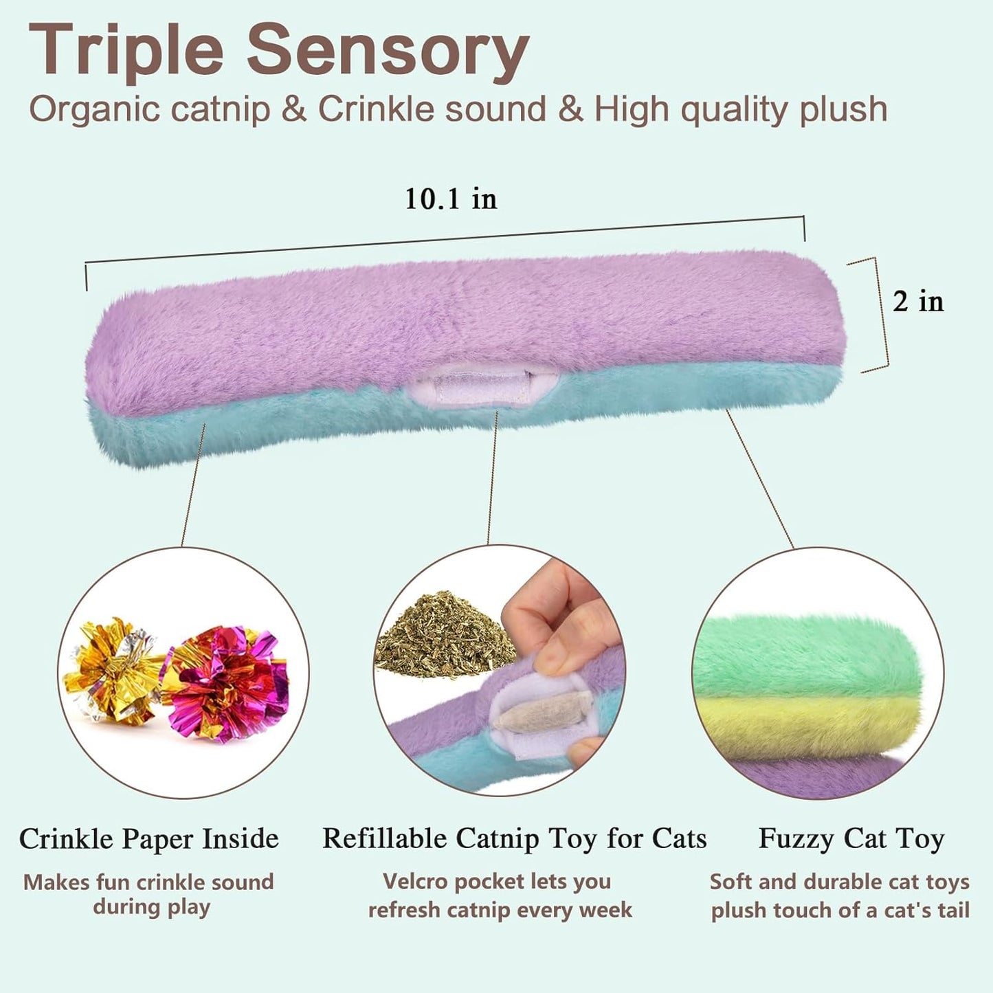 Cat Toys Kicker Pillows 3Pcs, Refillable Catnip Toys with Crinkle Sound Inside, Interactive Indoor Cat Nip Kitty Kick Sticks for Kitten 10.1 Inches