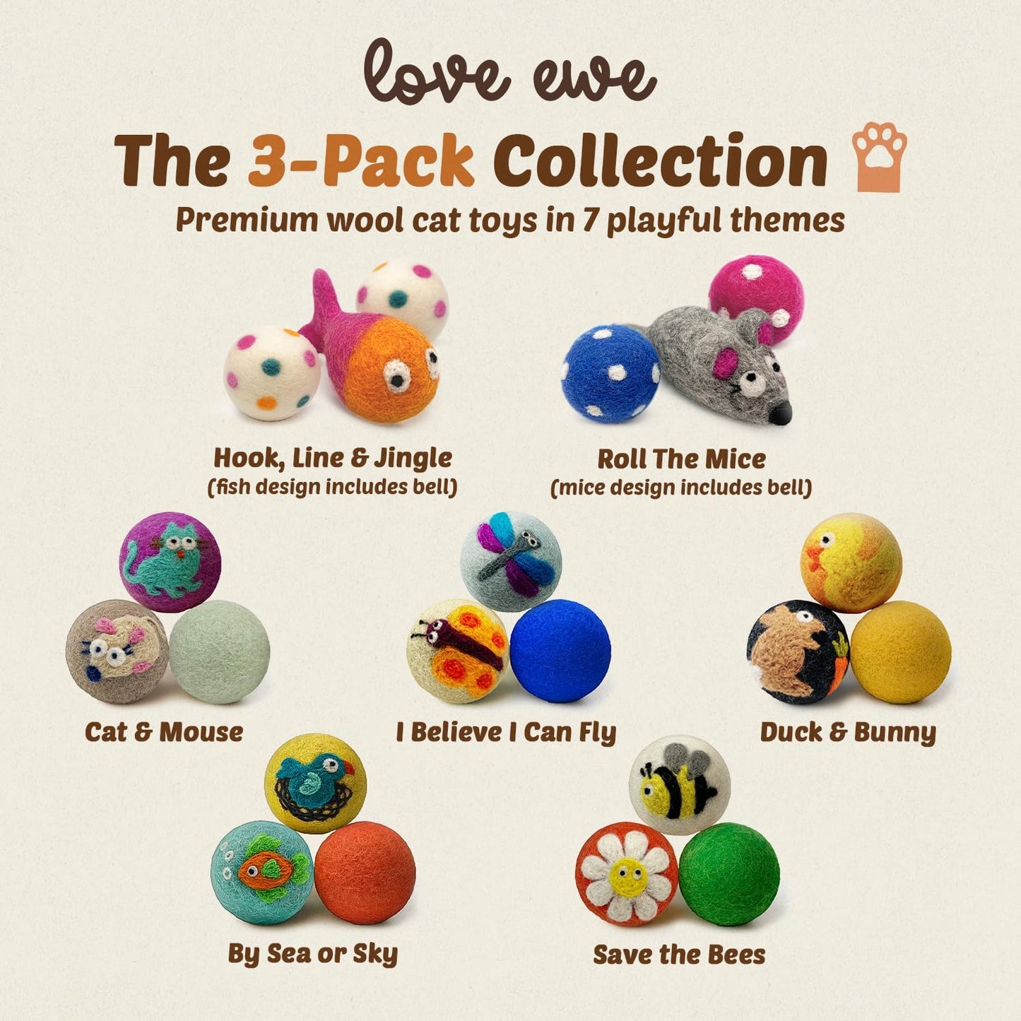 Organic Wool Felt Balls - 3 Pack Love Ewe Pet Supplies – 2In Colorful & Durable Cat Toys Handmade from New Zealand, Ideal for Indoor Play and Mental Stimulation – Fish & Bird Design