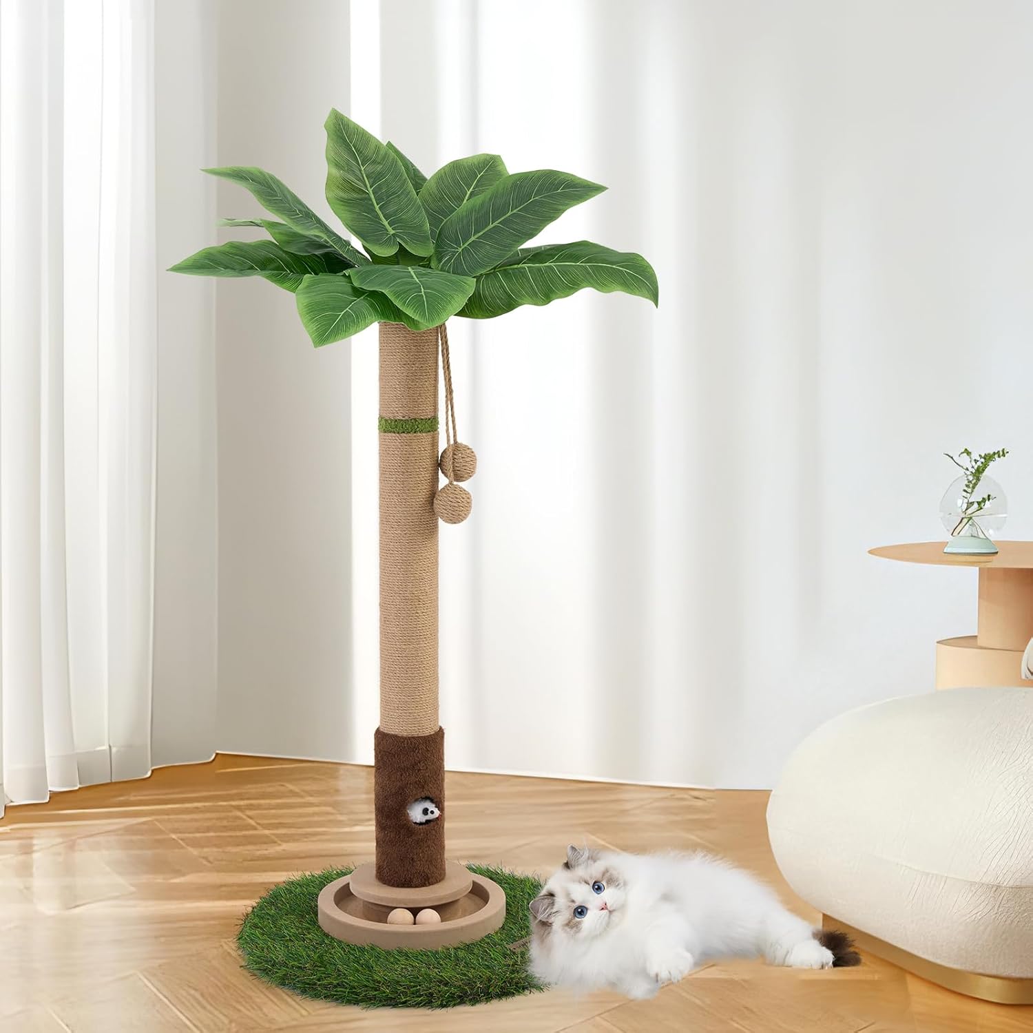 Palm Tree Cat Scratching Post 35'' Tall Cat Scratcher Tree Tower with Cat Toy Mouse Hole and Interactive Wooden Ball for Kittens Adults Cats
