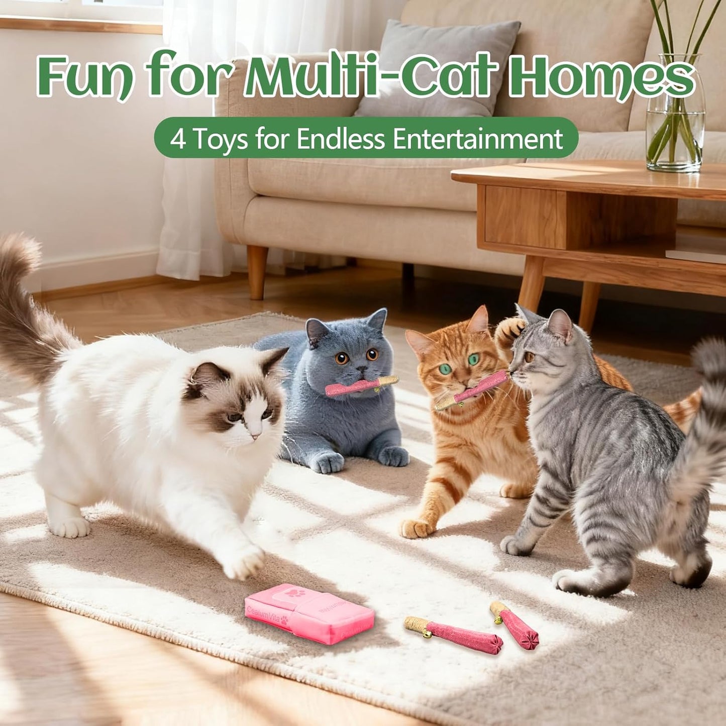 4 Pack Hand-Rolled Catnip Sticks with Chew Rope & Bell -Shaped Cat Toys for Indoor Cats and Kicker Toys, Teething Chew and Play Fun (Pink)