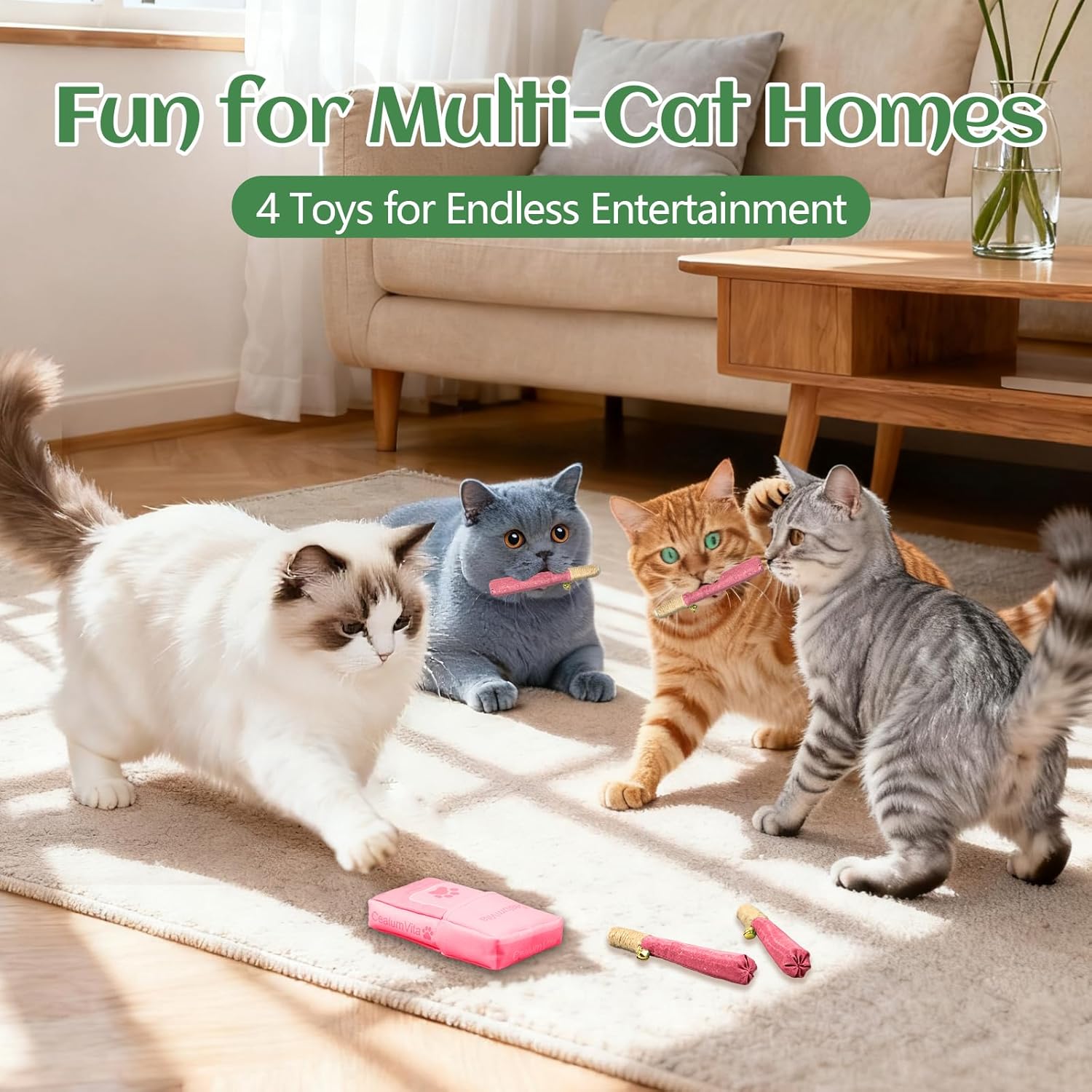 4 Pack Hand-Rolled Catnip Sticks with Chew Rope & Bell -Shaped Cat Toys for Indoor Cats and Kicker Toys, Teething Chew and Play Fun (Pink)