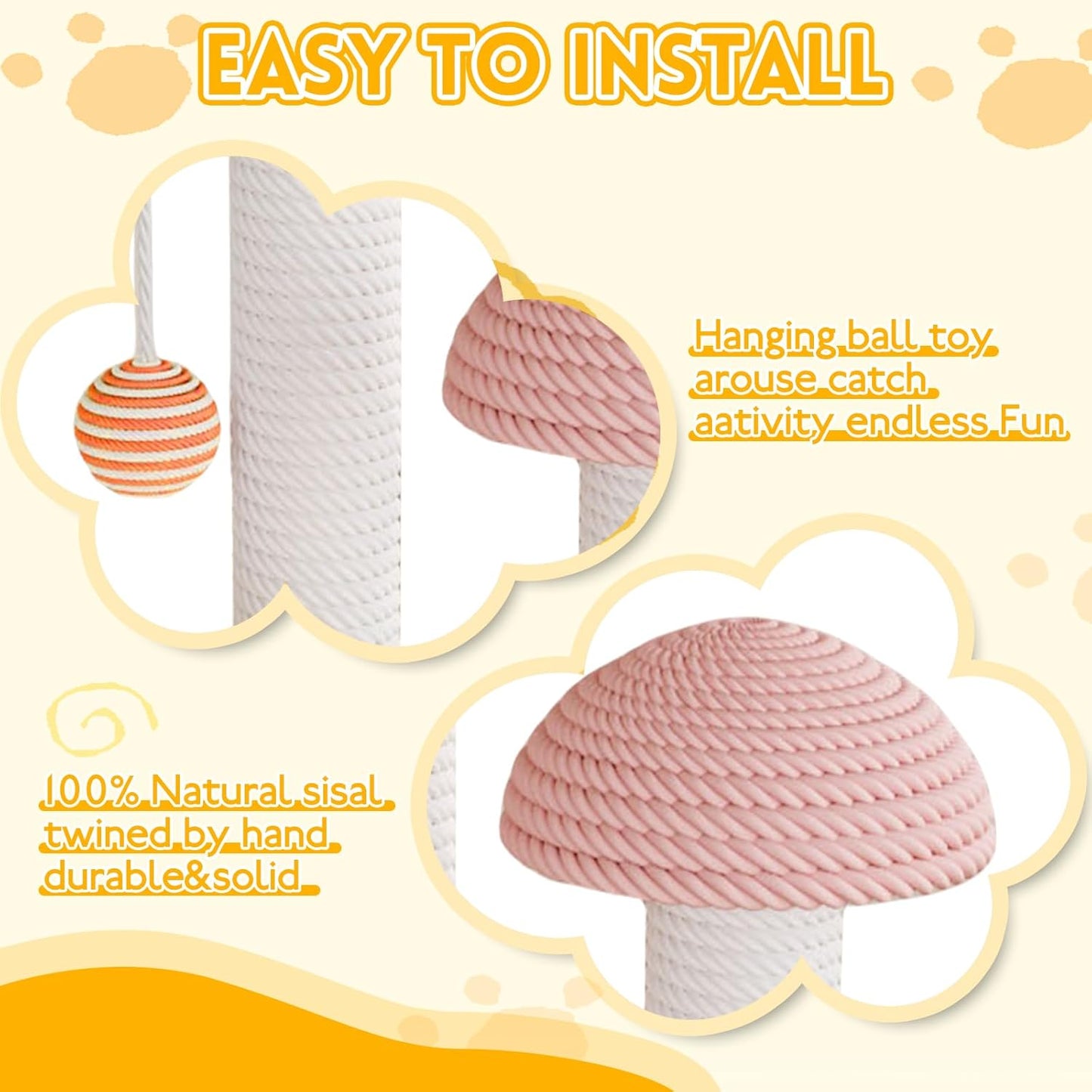 Mushroom Cat Scratcher for Kittens and Small Cats, Multi-Level Sisal Scratching Post with Hanging & Track Balls, Sturdy Wooden Base Cat Furniture for Indoor Cats’ Scratching & Playing