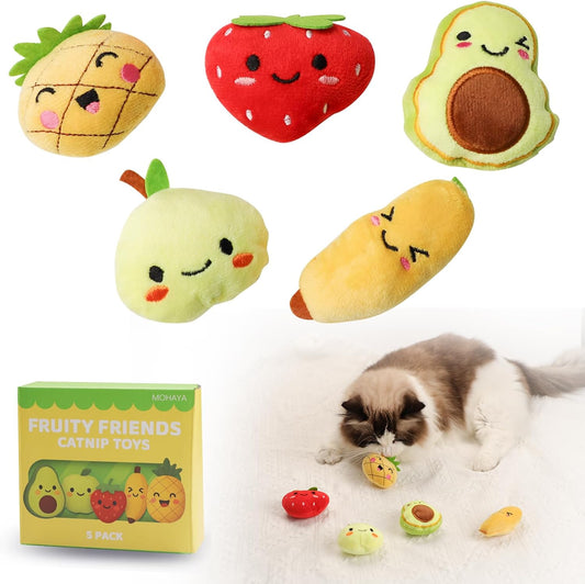 Catnip,5-Pack Fruity Friends Plush Toy Set for Cat Nip, Soft Cotton Filling, Interactive Indoor Play